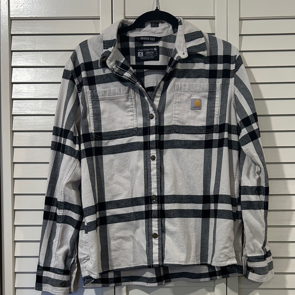 Carhartt Women's Rugged Flex Loose Fit White and Black Plaid Button Down Size S